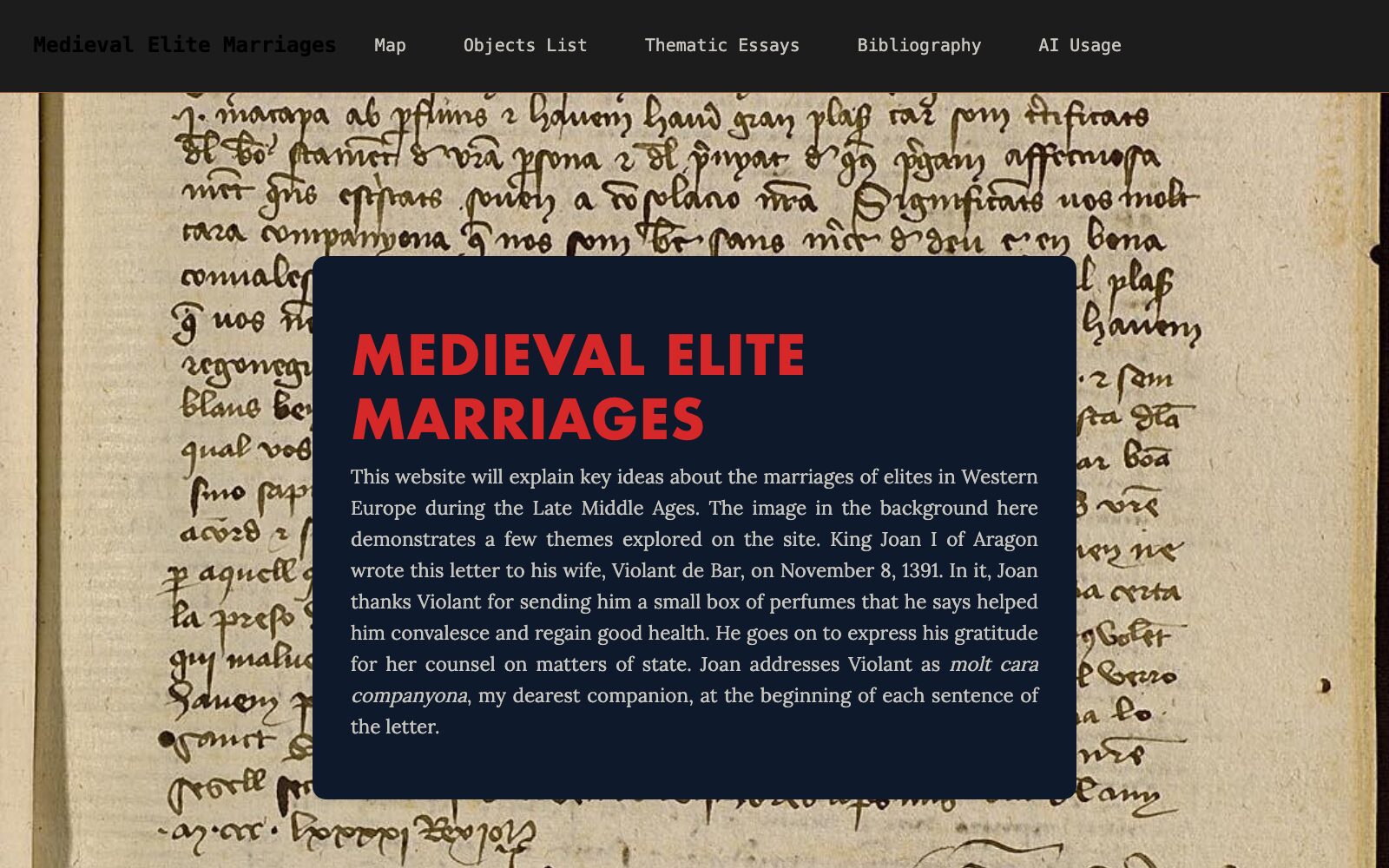 Screenshot of the Medieval Elite Marriages website