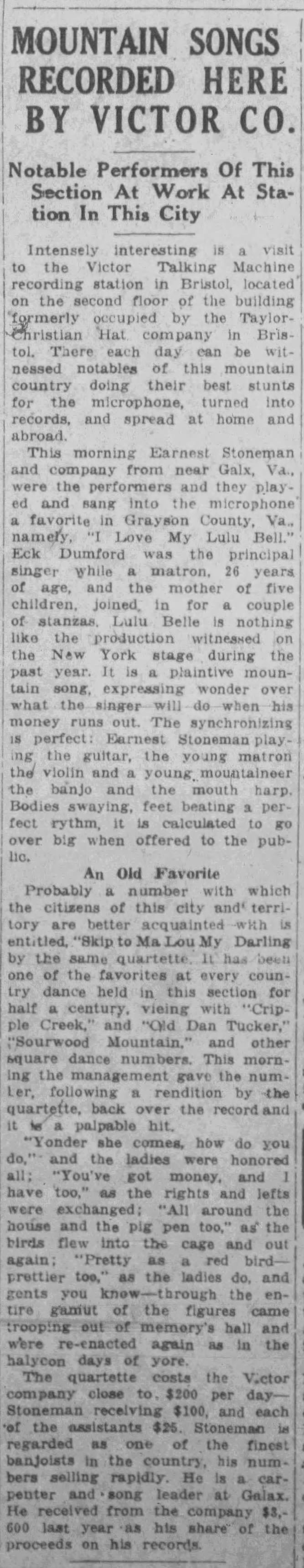 Evening Herald Courier 1927 article on mountain music recordings